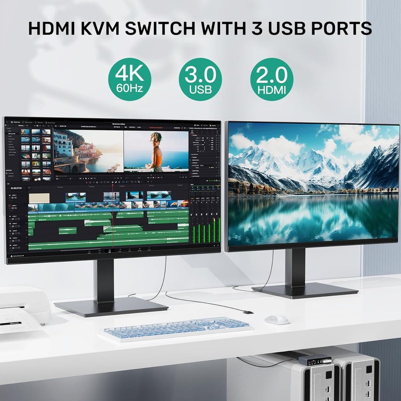 SUIDEK HDMI KVM Switch 2 Monitors 2 Computers, Dual Monitor KVM USB Switcher 4K@60Hz, HDMI Extended/Mirror Display for 2 PC Share 2 Monitors, with 3 USB 3.0 Port, Desktop Controller and 2 USB Cables - Image 3